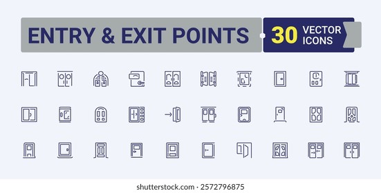 Set of Entry  Exit Points line icons. Includes thin line safety, enter, open, office, entrance, isolated and more. Thin UI icon design. Editable vector stroke.