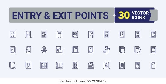 Set of Entry  Exit Points line icons. Includes thin line safety, enter, open, office, entrance, isolated and more. Thin UI icon design. Editable vector stroke.