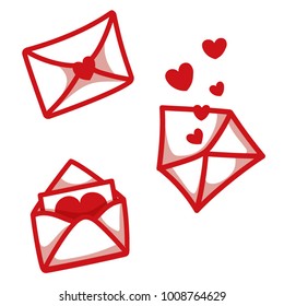 Set of envelop icons with hearts. Cute mail logo for Valentine Day. Love letter vector illustration isolated on white.