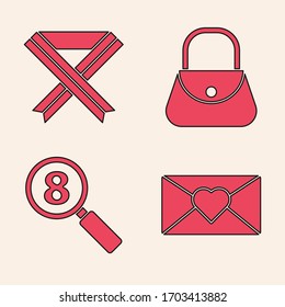 Set Envelope with 8 March, Breast cancer awareness ribbon, Handbag and Search 8 March icon. Vector