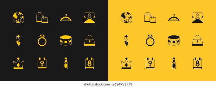 Set Envelope with 8 March, Calendar, Gift box and heart, Champagne bottle, Diamond engagement ring, Hanger wardrobe, International Women Day and Paper shopping bag icon. Vector