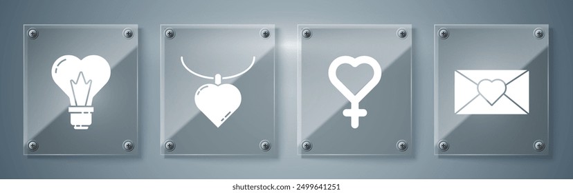 Set Envelope with 8 March, Female gender symbol, Necklace with heart shaped pendant and Heart shape in a light bulb. Square glass panels. Vector