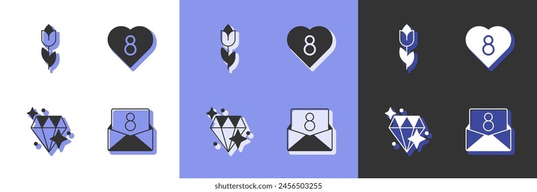Sobre con 8 de marzo, tulipán de flores, diamante e icono de corazón. Vector