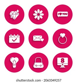 Set Envelope with 8 March, Handbag, on monitore, Wedding rings, Heart shape light bulb, Calendar, Speech bubble I love you and Diamond icon. Vector