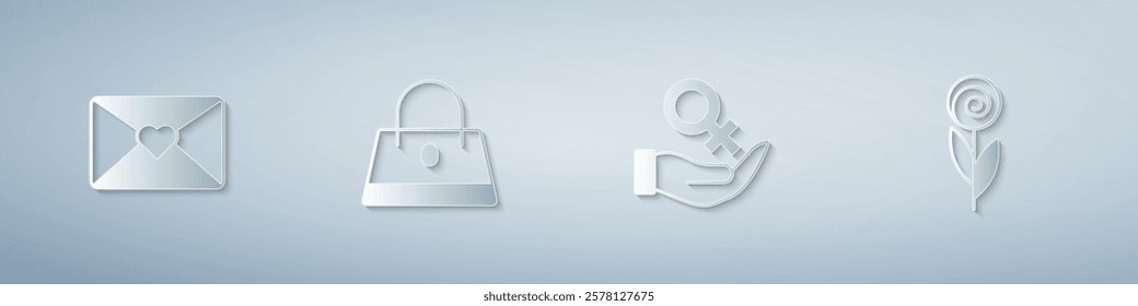 Set Envelope with 8 March, Handbag, Female gender symbol and Flower. Paper art style. Vector