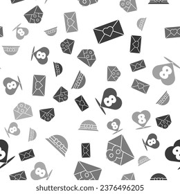Set Envelope with 8 March, Envelope with 8 March, Heart with 8 March and Elegant women hat on seamless pattern. Vector