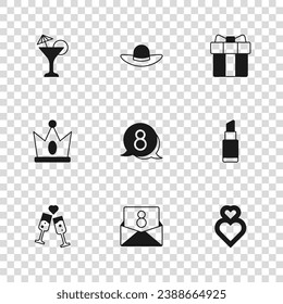 Set Envelope with 8 March, Lipstick, Heart, in speech bubble, Gift box and heart, Martini glass, Elegant women hat and King crown icon. Vector