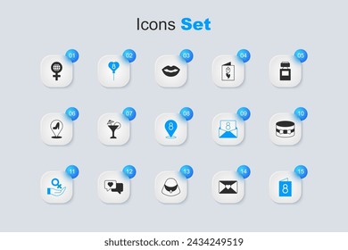 Set Envelope with 8 March, Martini glass, Balloons, Female gender symbol, Greeting card, Gift box and heart, International Women Day and  icon. Vector