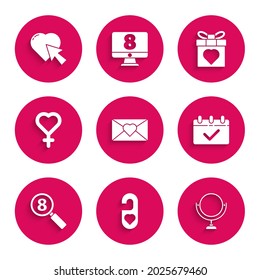 Set Envelope with 8 March, Please do not disturb heart, Round makeup mirror, Calendar, Search, Female gender symbol, Gift box and and Heart cursor click icon. Vector