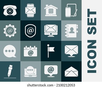 Set Envelope, Address book, House, Shield with mail and e-mail, Mail, Telephone and Monitor envelope icon. Vector