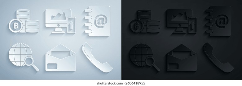 Set Envelope, Address book, Magnifying glass with globe, Telephone handset, Financial chart or graph the computer monitor mobile and Cryptocurrency coin Bitcoin icon. Vector