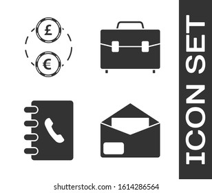 Set Envelope, American Football ball and helmet, Address book and Briefcase icon. Vector
