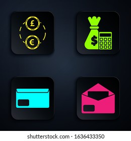 Set Envelope, American Football ball and helmet, Envelope and Calculator with money bag. Black square button. Vector