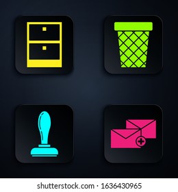 Set Envelope, Archive papers drawer, Stamp and Trash can. Black square button. Vector
