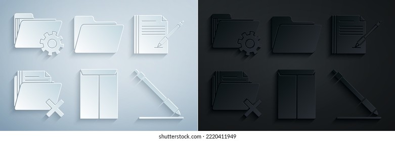 Set Envelope, Blank notebook and pen, Delete folder, Pen line, Document and Folder settings with gears icon. Vector