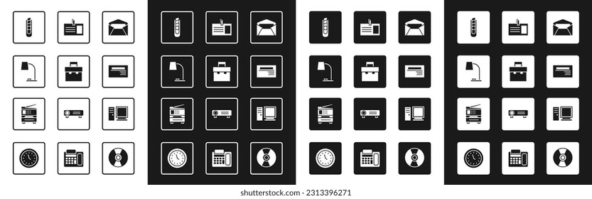Set Envelope, Briefcase, Table lamp, Stationery knife, Business card, Identification badge, Computer monitor and Printer icon. Vector
