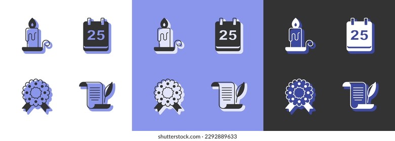 Set Envelope, Burning candle, Christmas wreath and day calendar icon. Vector