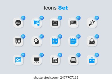 Set Envelope, Business man planning mind, Video chat conference, Safe, Briefcase, Deal and Document with graph chart icon. Vector