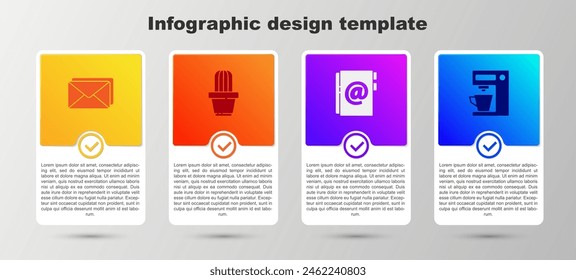 Set Envelope, Cactus and succulent in pot, Address book and Coffee machine. Business infographic template. Vector