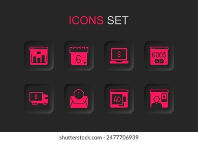 Set Envelope, Calendar, Browser with stocks market, Advertising, Monitor dollar, Video chat conference, Laptop and Armored truck icon. Vector