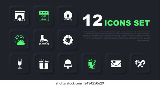 Set Envelope, Candy cane with stripes, Skates, Christmas stocking, night, Gift box, day calendar and ringing bell icon. Vector