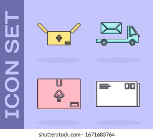 Set Envelope , Cardboard box with traffic symbol , Cardboard box with traffic symbol  and Post truck  icon. Vector