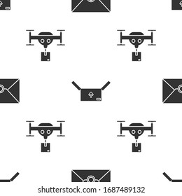 Set Envelope , Cardboard box with traffic symbol  and Delivery drone with the package  on seamless pattern. Vector