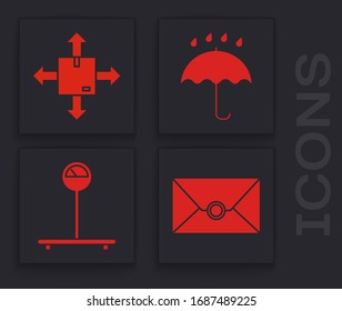 Set Envelope , Cardboard box with traffic symbol, Umbrella and rain drops  and Scale  icon. Vector