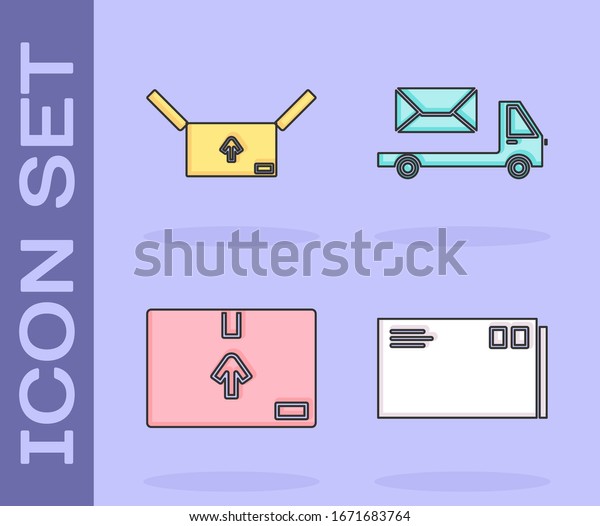 Set Envelope
, Cardboard box with traffic symbol , Cardboard box with traffic
symbol  and Post truck  icon.
Vector