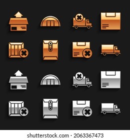 Ajuste el sobre, la caja de cartón, el vehículo del camión de carga de envío y elimine, el icono Madera y el icono Almacén. Vector