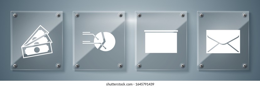 Set Envelope, Chalkboard, Pie chart infographic and Stacks paper money cash. Square glass panels. Vector