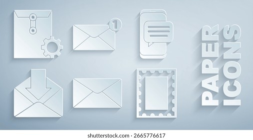 Set Envelope, Chat messages notification on phone, Postal stamp,  and setting icon. Vector