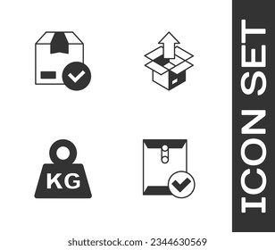 Set Envelope and check mark, ackage box with, Weight and Unboxing icon. Vector