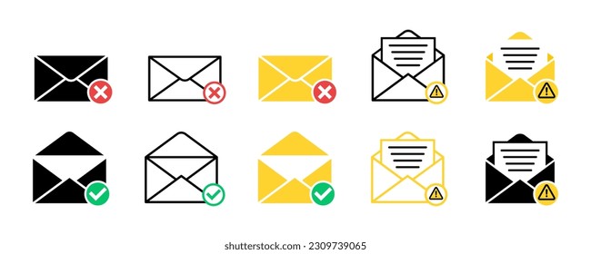 Set of envelope with check mark, cross and exclamation mark. Mail symbol. Open message on email. Receive web envelope. Send letter for email.