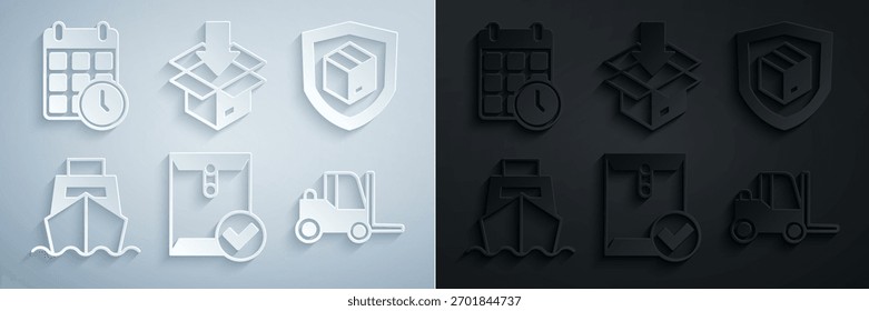 Set Envelope and check mark, Delivery security with shield, Cargo ship boxes delivery, Forklift truck, Carton cardboard and Cardboard calendar icon. Vector