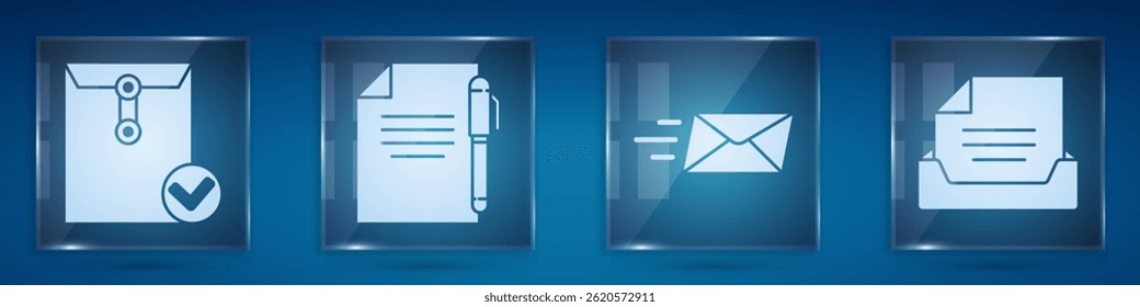 Set Envelope and check mark, Document and pen, Express envelope and Drawer with document. Square glass panels. Vector