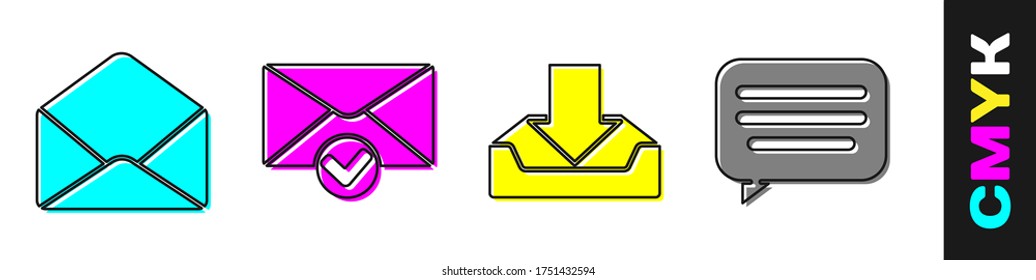 Set Envelope, Envelope and check mark, Download inbox and Speech bubble chat icon. Vector