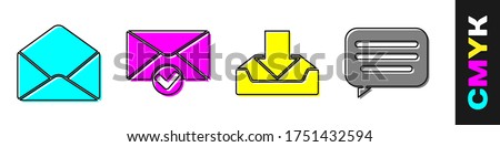 Set Envelope, Envelope and check mark, Download inbox and Speech bubble chat icon. Vector