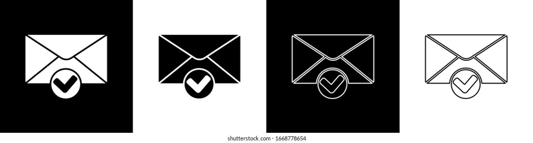 Ajuste el icono de sobre y marca de verificación aislado en fondo blanco y negro. Entrega de correo electrónico correcta, confirmación de entrega por correo electrónico. Ilustración vectorial