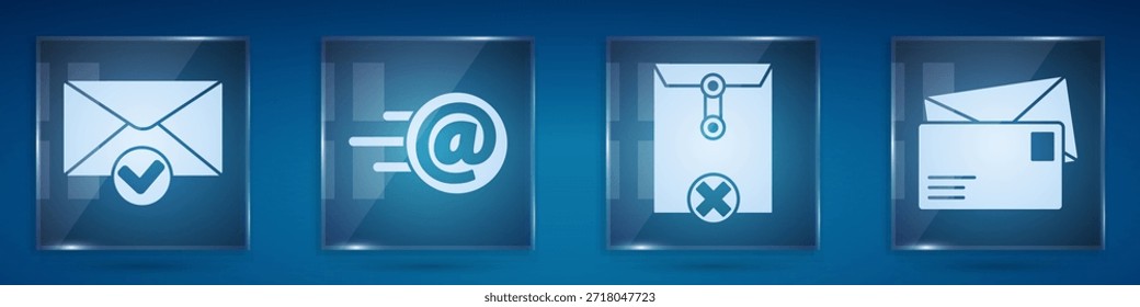 Set Envelope and check mark, Mail and e-mail, Delete envelope and Envelope. Square glass panels. Vector