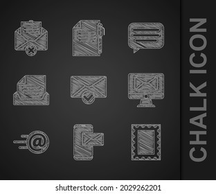 Set Envelope and check mark, Mobile envelope, Postal stamp, Monitor, Mail e-mail, Drawer with document, Speech bubble chat and Delete icon. Vector