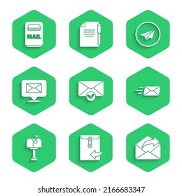 Set Envelope and check mark, Outgoing mail, Express envelope, Mail box, Speech bubble with, Paper plane and  icon. Vector