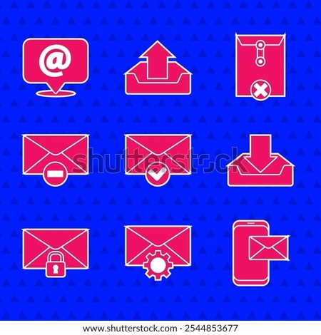 Set Envelope and check mark, setting, Mobile envelope, Download inbox, Mail message lock password, Delete,  and e-mail on speech bubble icon. Vector