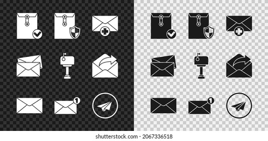 Set Envelope and check mark, with shield, Received message concept, Paper plane,  and Mail box icon. Vector