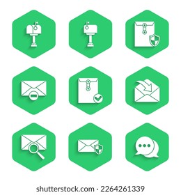 Set Envelope and check mark, with shield, Speech bubble chat, magnifying glass, Delete envelope,  and Mail box icon. Vector