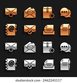 Establecer sobre y marca de verificación, chat de burbuja de voz, lápiz de documento, cajón con documento, libro de Dirección, configuración, concepto de mensaje recibido e icono de correo saliente. Vector