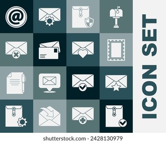 Set Envelope and check mark, with star, Postal stamp, shield, Delete envelope, Mail e-mail and Valentine heart icon. Vector