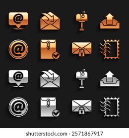 Set Envelope and check mark, Upload inbox, Postal stamp, Mail message lock password, e-mail, on speech bubble and  icon. Vector