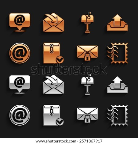 Set Envelope and check mark, Upload inbox, Postal stamp, Mail message lock password, e-mail, on speech bubble and  icon. Vector