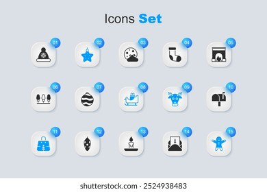 Set Envelope, Christmas ball, star, shopping bag, Holiday gingerbread man cookie, Mail box, Santa Claus hat and santa claus sleigh icon. Vector